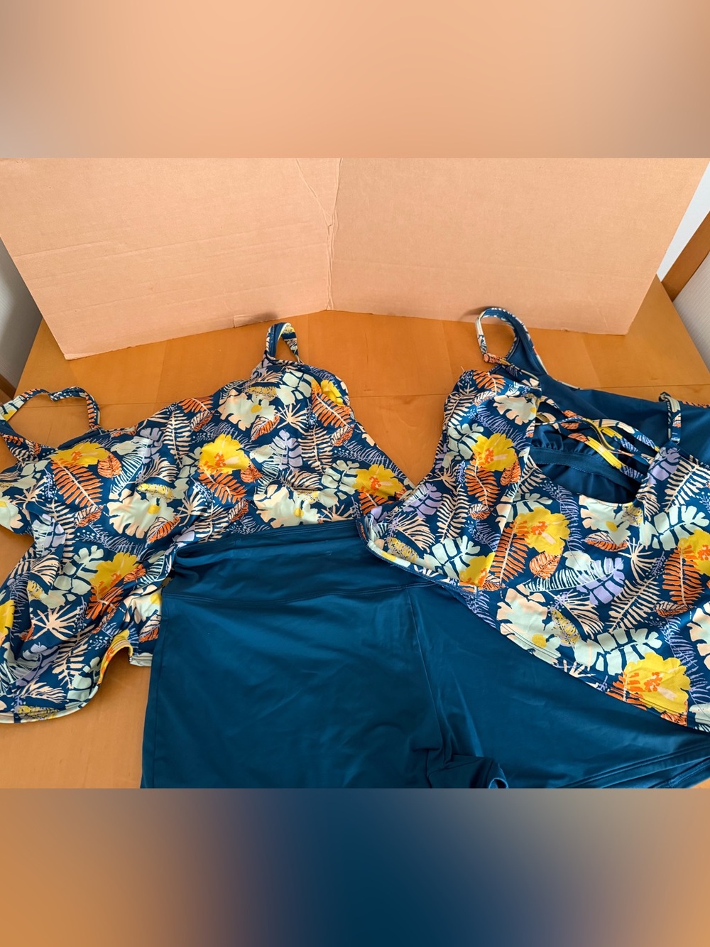 L.L. Bean Teal Floral Womens’ Two-Piece Swimsuit with Yellow Flowers